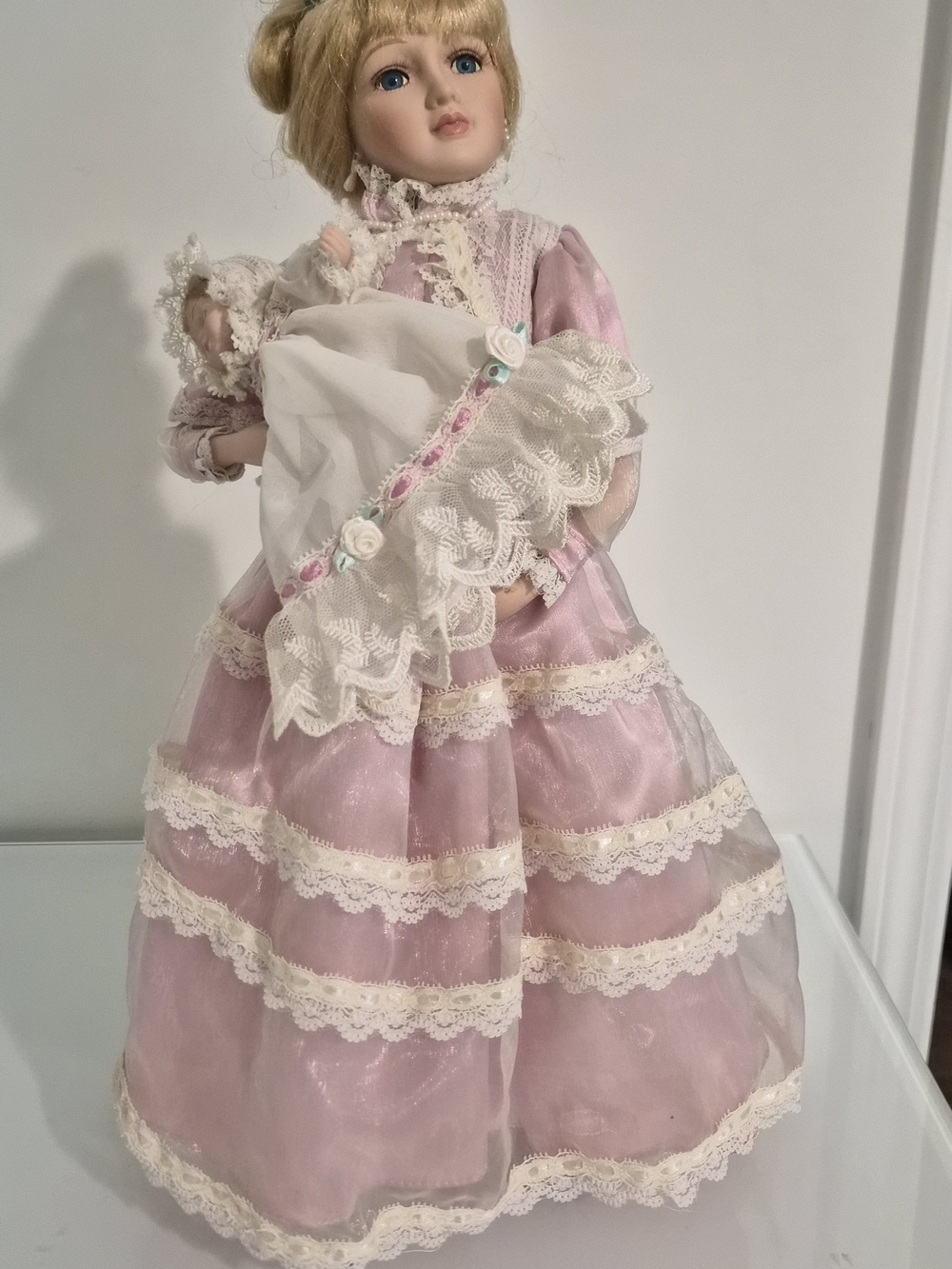 Vintage Victorian Style Porcelain Mother & Baby Doll Pink Lace Dress Collectible - Picture 15 of 16